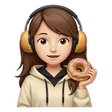 a girl with long brown hair green and wearing black headphones she is wearing a cream coulor baggy hoddie she is happyish holding a donut sticker