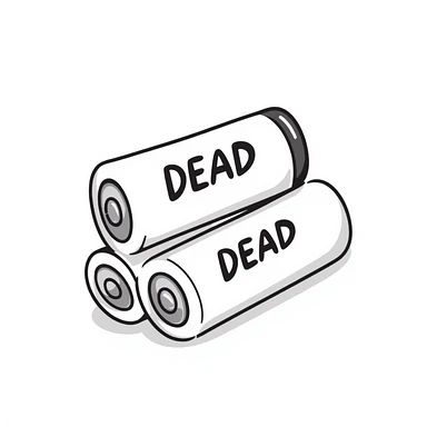 Two dead batteries stacked on top of each other, depleted, empty power sticker