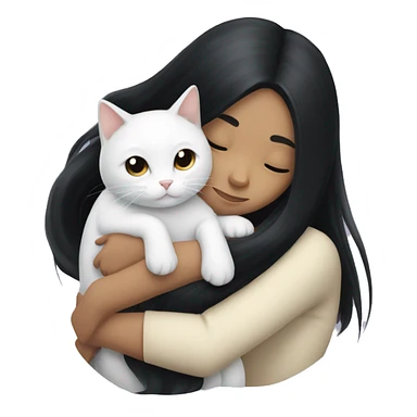 girl with very long black hair and  hugging a white cat sticker
