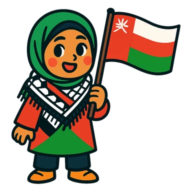 a hijab-wearing girl wearing the Palestinian keffiyeh and holding the Oman flag, vibrant toon style, colorful cartoon sticker