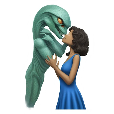a Reptilian alien woman, in blue dress,  kissing morfeo sticker