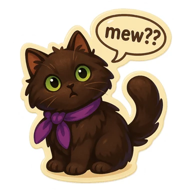 Fluffy cute curious confused dark-brown cat with green eyes and a purple scarf saying ‘mew??’ with a tilted head (With a speech bubble) sticker