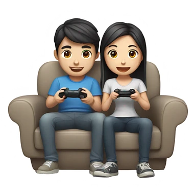 Cute Asian Couple sitting together and having fun playing video games sticker