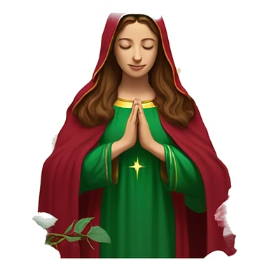 Virgin Mary: kind face looking down at the left, long brown hair, Wearing an emerald green  robe with gold stars and a burgundy red dress,  Hands in prayer or blessing. Halo around her head. standing in front of a big sun. colorful roses on the sides  sticker