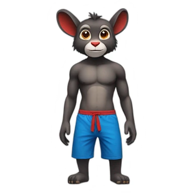 blue rabbit monkey with no shirt but red shorts and with a monkey tail sticker