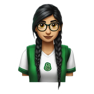 Mia Khalifa black braid white tshirt green sleeves slytherin emblem sticker