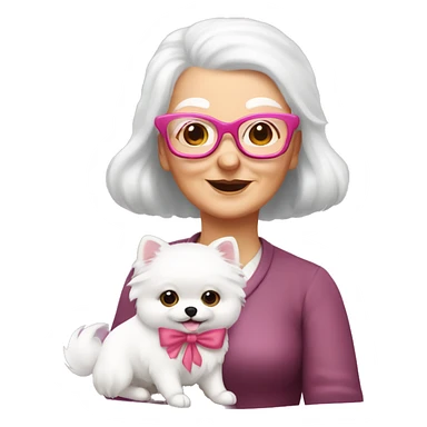 white old lady with glasses and red hair holding a cute white pomerania wearing a pink bow sticker