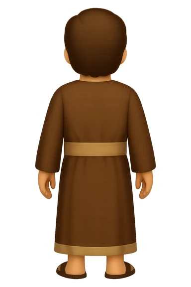 Back view, centered full body, facing away, classic emoji style of apostle Peter with short hair, no hood, arms down by sides, smiling, wearing long sleeve brown clothes with beige details, no background. The style should mimic classic emoji style. sticker