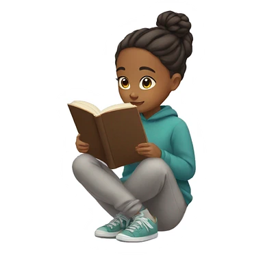 Girl with bun and in sweatshirt and sweatpants reading a book sticker