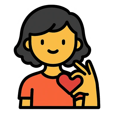 chica de cabello negro, corto y ondulado, haciendo un corazón con la mano, estilo icono lineal colorido sticker