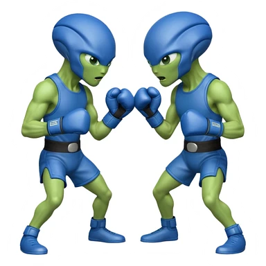 two aliens boxing in a fight stance, facing each other with raised gloves, dynamic action pose, intense expressions, sci-fi arena vibe, 3D cartoon style, mobile game icon style, clean background, no text, no watermark
 sticker