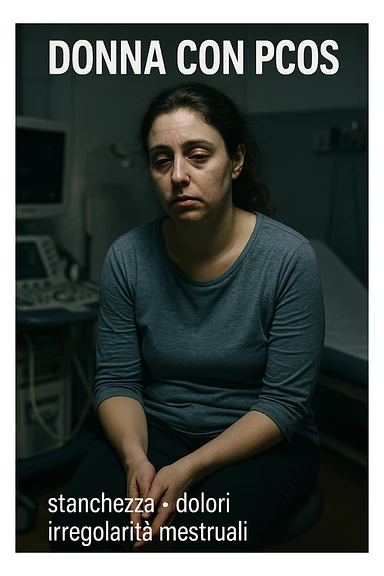 Donna con PCOS in evidente stato di debilitazione, volto stanco, postura affaticata, ambiente medico, luci drammatiche, dettagli realistici, didascalie in italiano, verticale 2:3 sticker