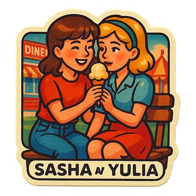 Sticker of Sasha and Yulia, two young lovers, in a retro and vintage style, with a grainy texture and faded colors, sitting on a bench and sharing an ice cream cone, with a background of a diner or a fairground. sticker