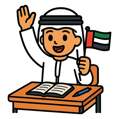 Transform the student character to have an Emirates theme, including traditional Emirati attire and the UAE flag visible in the scene, keeping the class participation context, with no background. sticker