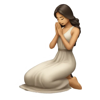 A woman kneeling praying, in a long dress, long dark brown hair sticker