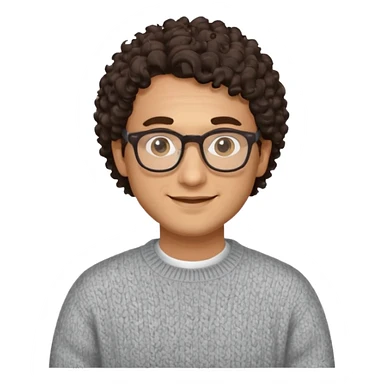 man in his 30s, curly dark hair, wearing glasses and a sweater, warm smile emoji sticker
