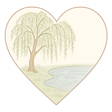 heart with a tranquil willow tree by a pond, clean digital illustration sticker