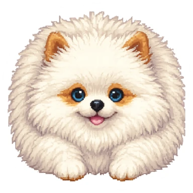 Make the white Pomeranian much fluffier and cuter in pixel art style, with no background. Preserve the pixel art aesthetic and enhance fluffiness and cuteness. sticker