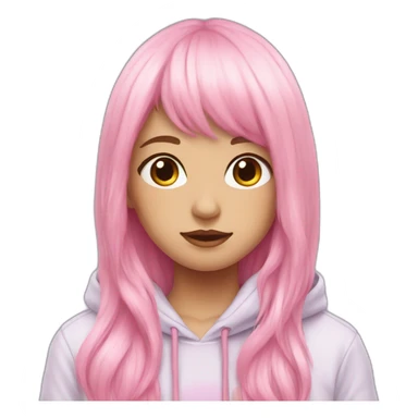 pink pastel long hair, with bangs, hoodie, unicorn sticker