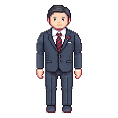 man wearing a dark blue-gray business suit with black horizontal stripes on the arms and legs, white shirt and red tie sticker