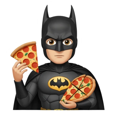 batman, wearing black ancient custome, with pizza sticker