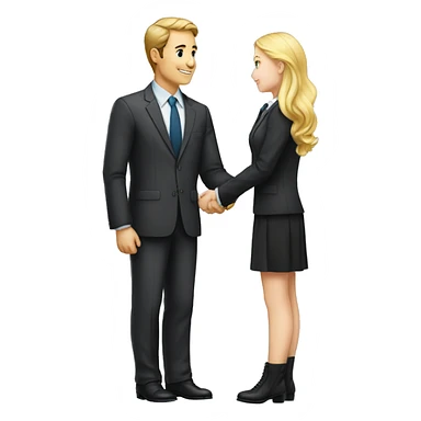A 40-year-old fair-skinned businessman shakes hands with an 18-year-old fair-skinned blonde girl, full-length emoji sticker