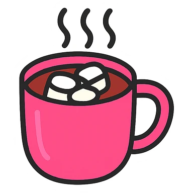 hot chocolate in a pink cup, simple, inviting, icon style sticker