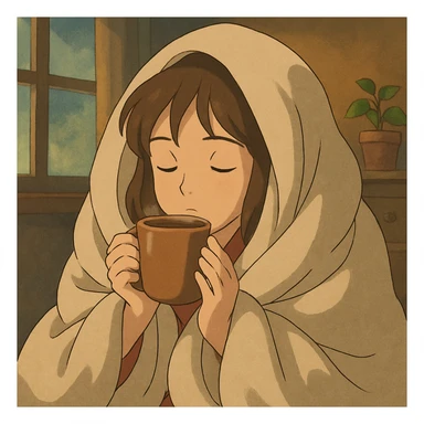 girl inside a blanket sipping coffee, eyes closed, style 7 sticker