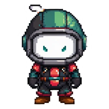 Black bomberman character, ninja-like design, sleek helmet with sharp antenna, mysterious appearance, cool pixel art style sticker