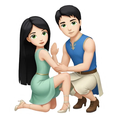 prince, upright, black Hair, blue eyes, garment,  Woman, bending knee, sleveless white dress, blonde hair, green eyes, sticker