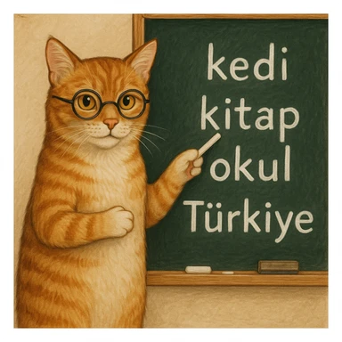 A Turkish cat at a chalkboard, pointing to Turkish words, looking scholarly and helpful sticker