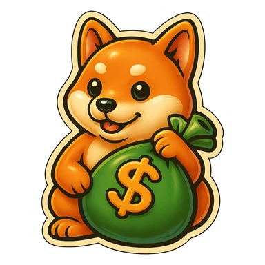 Make the bag of money much bigger while keeping the Shiba Inu and the retro stickers style the same, with no background. sticker