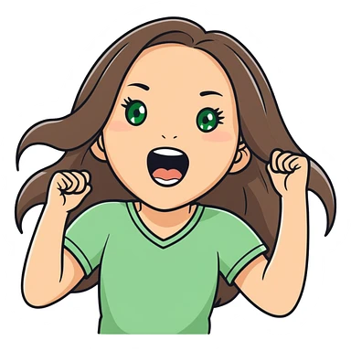 white girl, long brunette hair, green eyes screams with delight and rejoices in victory sticker