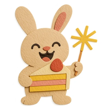 Make the bunny have a laugh expression and improve the overall visual appearance to be well-shaped and even more appealing. Keep the bunny holding a cake slice and sparkler in the paper-craft style. sticker