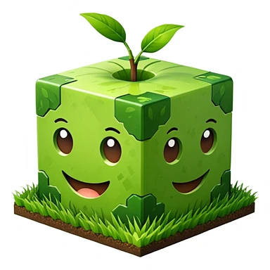 3D Apple style emoticons for Minecraft grass blocks, cube shaped with grass at the top and a plot below sticker
