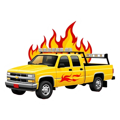 1997 yellow Chevy C-2500 Crew Cab with red flame design only painted on the front bumper, movie-accurate Kill Bill truck detail, 30-degree view, iOS emoji style sticker