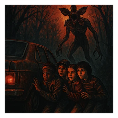 Stranger Things series horror poster style, the kids hiding behind a car as the Demogorgon stalks nearby sticker