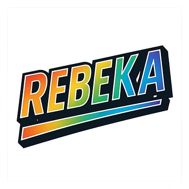 The name 'Rebeka' in modern, precise Hungarian letters with a rainbow gradient fill, extra thick white letter outline, dark contour, transparent background, dynamic slanted underline, styled like the sample images. sticker