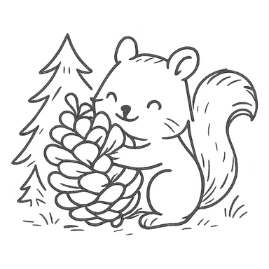 squirrel hugging a giant pine cone, forest kawaii illustration, hand-drawn style sticker