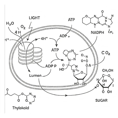 highly scientific, detailed, and labeled illustration of photosynthesis with molecular detail, showing ATP, NADPH, and all relevant molecules, no background, transparent sticker