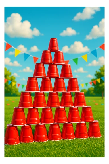 an Egyptian pyramid with red plastic party cups, playful and fun sticker