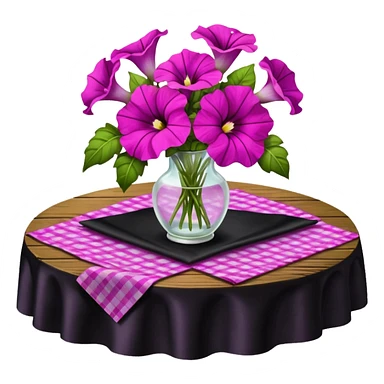 A lush bouquet of bright light margenta color petunia black satin ribbon, resting on an antique wooden table, with a pale yellow and pink plaid pattern table cloth sticker