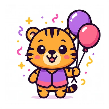 cute cartoon-style male tiger mascot with neotenic features: large round head, big shiny eyes, small nose and mouth, short arms and legs, chubby body, smiling happily, standing upright, wearing a purple and fuchsia vest or shirt, holding balloons, surrounded by soft party elements like confetti, bold outlines, soft colors purple to fuchsia gradient, gold accents, white, clean vector style, extremely cute, evokes tenderness, plain white background sticker
