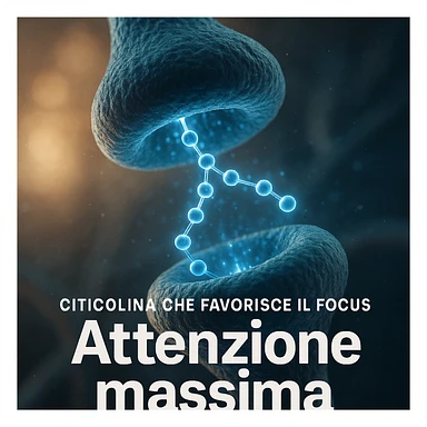 Citicolina che favorisce il focus, iper realistico, molecola blu che attraversa sinapsi, scritta 'Attenzione massima', atmosfera motivazionale, dettagli realistici sticker