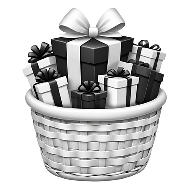 big white gift basket with lots of gifts inside the gift basket, and the gifts are black and white no other colors sticker