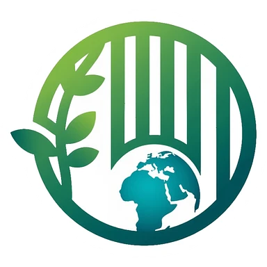 Minimalist circular logo with a barcode transitioning into a globe, representing ethical consumerism and sustainable supply chain. Green and blue gradient colors, modern and professional design. sticker