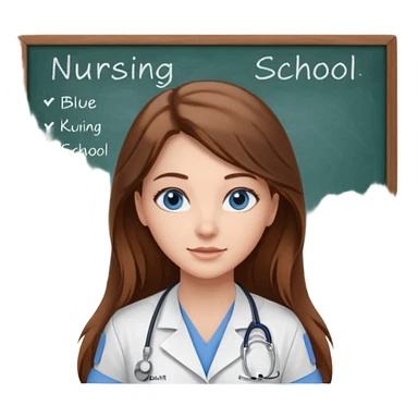 inside a classroom at university that says nursing school on the board with a pretty female nursing student with long brown hair, blue eyes sticker