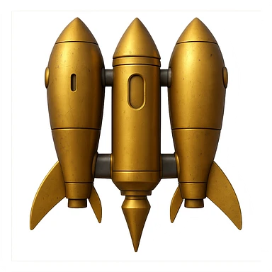 Create a back view of a gold ancient wide jetpack with very shoulder wide side rocket projectiles, no fire, with an apple style emoji look. The jetpack should have a worn and weathered look on the gold surface. Remove the background. sticker