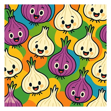cute animated onion and garlic, seamless background, lively, colorful, simple design sticker