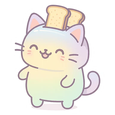 pastel kawaii cat with toaster features, two toast slices popping out, smiling, full-body sticker